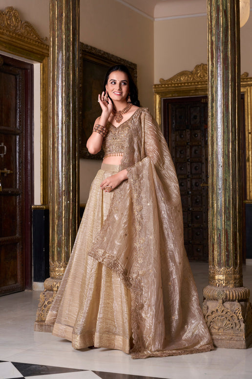 Lorenvalley Chiku Gold Crush Plain Lehenga Choli Embroidery Work with Dupatta