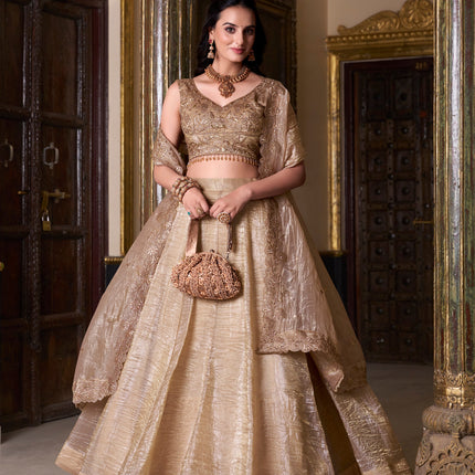 Lorenvalley Chiku Gold Crush Plain Lehenga Choli Embroidery Work with Dupatta
