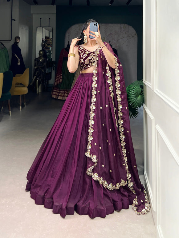 Lorenvalley Wine Organza Plain Lehenga Choli Embroidery Work with Dupatta