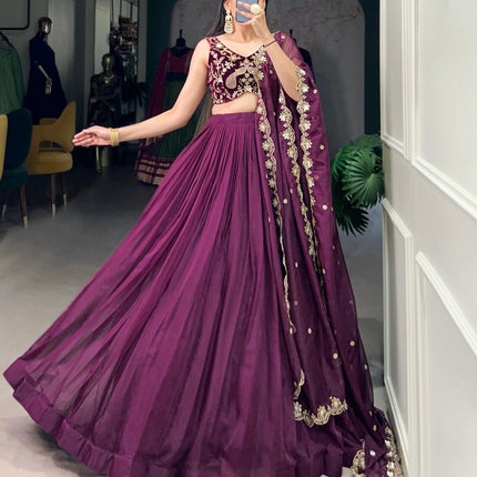 Lorenvalley Wine Organza Plain Lehenga Choli Embroidery Work with Dupatta