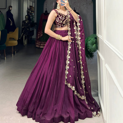 Lorenvalley Wine Organza Plain Lehenga Choli Embroidery Work with Dupatta