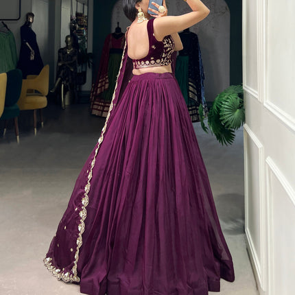 Lorenvalley Wine Organza Plain Lehenga Choli Embroidery Work with Dupatta