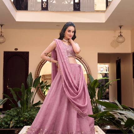 Lorenvalley Purple Vichitra Silk Embellishment With Pearl Coding And Sequins Embroidery Work Lehenga Choli with Dupatta
