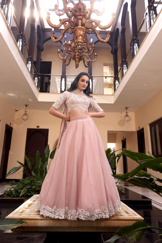 Lorenvalley Peach Weone Silk Embellishment With Pearl Coding And Sequins Embroidery Work Lehenga Choli with Dupatta