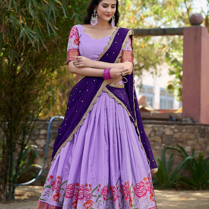 Lorenvalley Fashion Lavender Cotton Silk Thread Embroidery Work Lehenga Choli with Dupatta