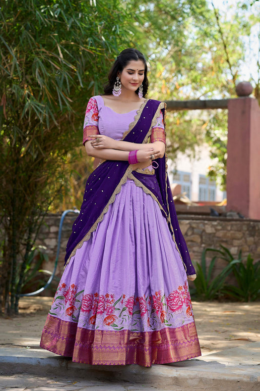 Lorenvalley Fashion Lavender Cotton Silk Thread Embroidery Work Lehenga Choli with Dupatta