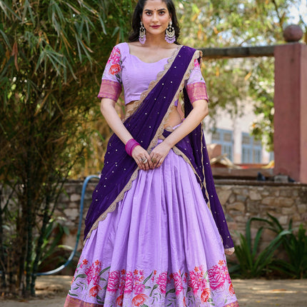 Lorenvalley Fashion Lavender Cotton Silk Thread Embroidery Work Lehenga Choli with Dupatta