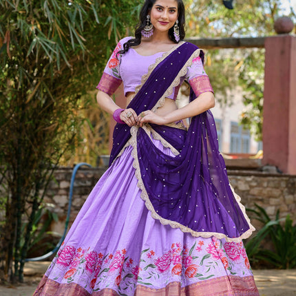 Lorenvalley Fashion Lavender Cotton Silk Thread Embroidery Work Lehenga Choli with Dupatta