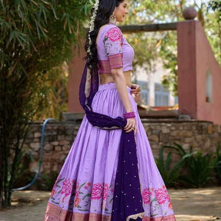 Lorenvalley Fashion Lavender Cotton Silk Thread Embroidery Work Lehenga Choli with Dupatta
