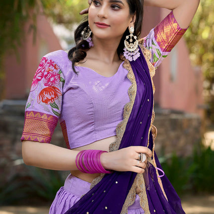 Lorenvalley Fashion Lavender Cotton Silk Thread Embroidery Work Lehenga Choli with Dupatta