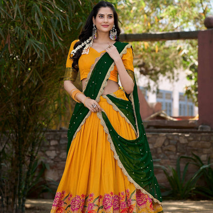 Lorenvalley Fashion Mustard Cotton Silk Thread Embroidery Work Lehenga Choli with Dupatta