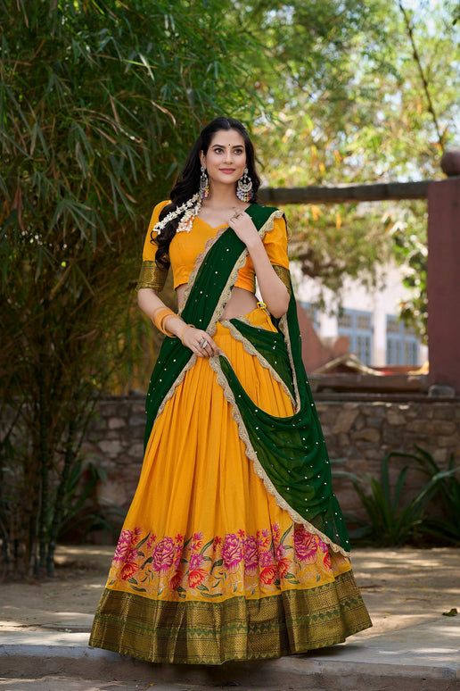 Lorenvalley Fashion Mustard Cotton Silk Thread Embroidery Work Lehenga Choli with Dupatta