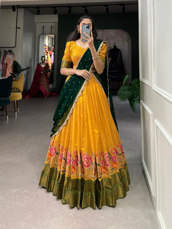Lorenvalley Fashion Mustard Cotton Silk Thread Embroidery Work Lehenga Choli with Dupatta