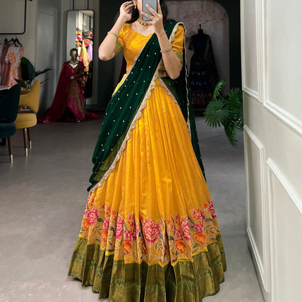 Lorenvalley Fashion Mustard Cotton Silk Thread Embroidery Work Lehenga Choli with Dupatta