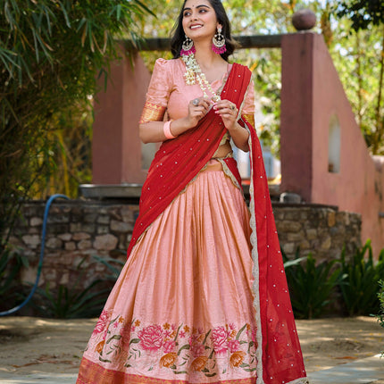 Lorenvalley Fashion Peach Cotton Silk Thread Embroidery Work Lehenga Choli with Dupatta