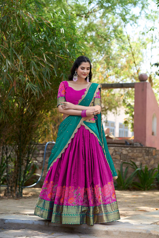 Lorenvalley Fashion Pink Cotton Silk Thread Embroidery Work Lehenga Choli with Dupatta