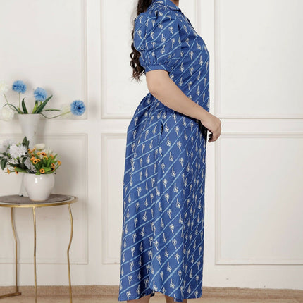 Miravan Womens Floral Print Blue Collar-Neck Puff Sleeves A-Line Maxi Dress