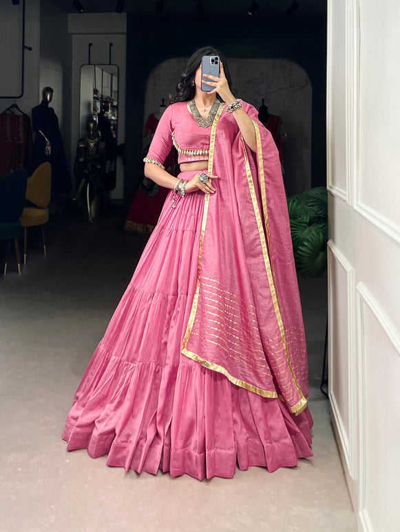 Lorenvalley Pink Pure Chanderi Plain Lehenga Choli Cowrie (Kodi) Lace Touch Up with Dupatta