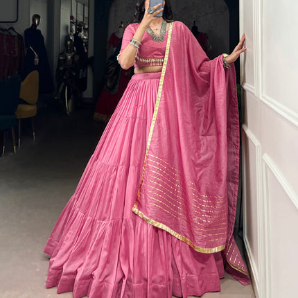 Lorenvalley Pink Pure Chanderi Plain Lehenga Choli Cowrie (Kodi) Lace Touch Up with Dupatta