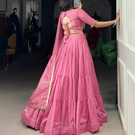 Lorenvalley Pink Pure Chanderi Plain Lehenga Choli Cowrie (Kodi) Lace Touch Up with Dupatta