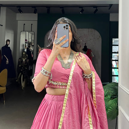 Lorenvalley Pink Pure Chanderi Plain Lehenga Choli Cowrie (Kodi) Lace Touch Up with Dupatta