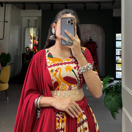 Lorenvalley Fashion Maroon Rayon With Printed Silk Lehenga Choli with Dupatta