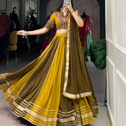 Lorenvalley Mustard Pure Rayon Sequins Lace With Gota Patti Lace Touch Up Lehenga Choli with Dupatta