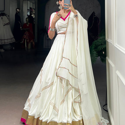 Lorenvalley Fashion White Pure Rayon Embossed Design With Gota Patti Lace Touch Up Lehenga Choli with Dupatta