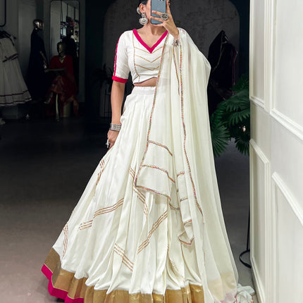 Lorenvalley Fashion White Pure Rayon Embossed Design With Gota Patti Lace Touch Up Lehenga Choli with Dupatta