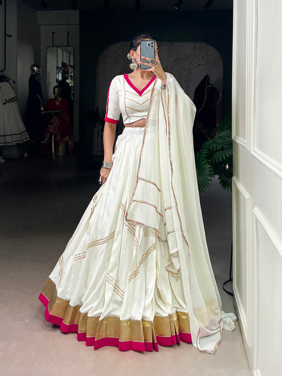 Lorenvalley Fashion White Pure Rayon Embossed Design With Gota Patti Lace Touch Up Lehenga Choli with Dupatta