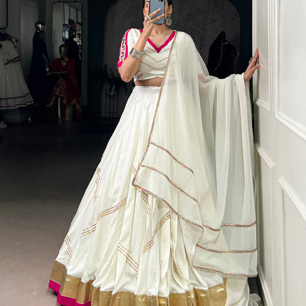 Lorenvalley Fashion White Pure Rayon Embossed Design With Gota Patti Lace Touch Up Lehenga Choli with Dupatta
