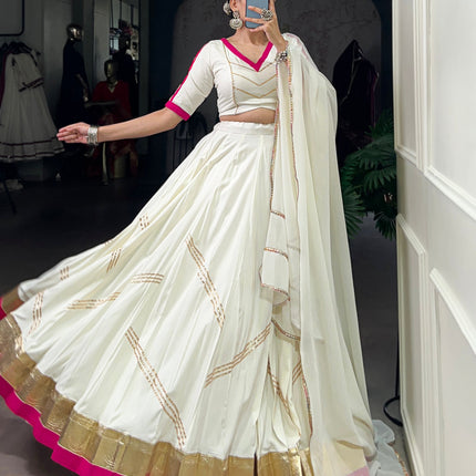 Lorenvalley Fashion White Pure Rayon Embossed Design With Gota Patti Lace Touch Up Lehenga Choli with Dupatta