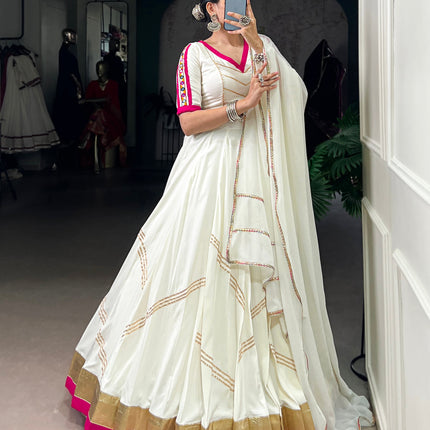 Lorenvalley Fashion White Pure Rayon Embossed Design With Gota Patti Lace Touch Up Lehenga Choli with Dupatta