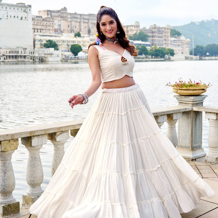 Lorenvalley Fashion White Pure Rayon Plain Frill Lehenga Choli with Koti