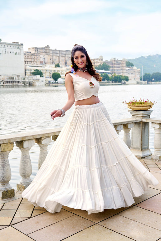 Lorenvalley Fashion White Pure Rayon Plain Frill Lehenga Choli with Koti