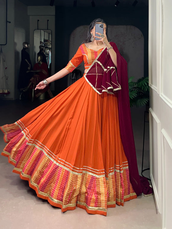 Lorenvalley Fashion Orange Pure Rayon Bandhej Print with Sequins Lace Boarder Lehenga Choli with Dupatta