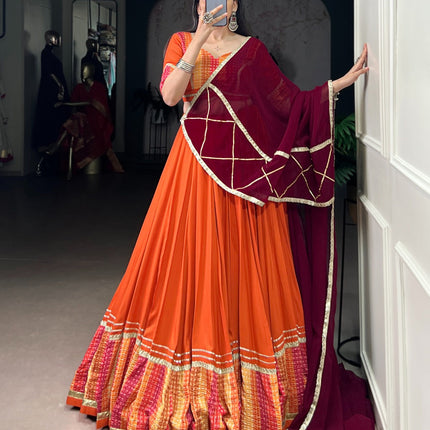 Lorenvalley Fashion Orange Pure Rayon Bandhej Print with Sequins Lace Boarder Lehenga Choli with Dupatta
