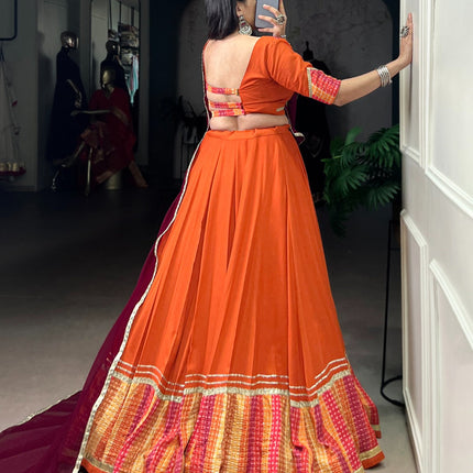 Lorenvalley Fashion Orange Pure Rayon Bandhej Print with Sequins Lace Boarder Lehenga Choli with Dupatta