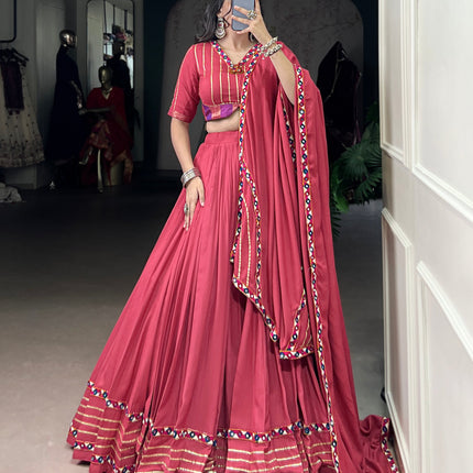 Lorenvalley Fashion Darkpink Pure Rayon Original Mirror Gamthi Work With Gotta Patti Lace Touch Up Lehenga Choli with Dupatta