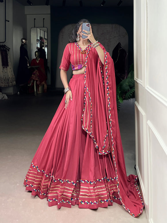 Lorenvalley Fashion Darkpink Pure Rayon Original Mirror Gamthi Work With Gotta Patti Lace Touch Up Lehenga Choli with Dupatta