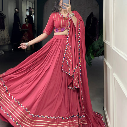 Lorenvalley Fashion Darkpink Pure Rayon Original Mirror Gamthi Work With Gotta Patti Lace Touch Up Lehenga Choli with Dupatta