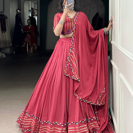 Lorenvalley Fashion Darkpink Pure Rayon Original Mirror Gamthi Work With Gotta Patti Lace Touch Up Lehenga Choli with Dupatta