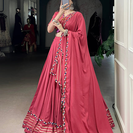 Lorenvalley Fashion Darkpink Pure Rayon Original Mirror Gamthi Work With Gotta Patti Lace Touch Up Lehenga Choli with Dupatta