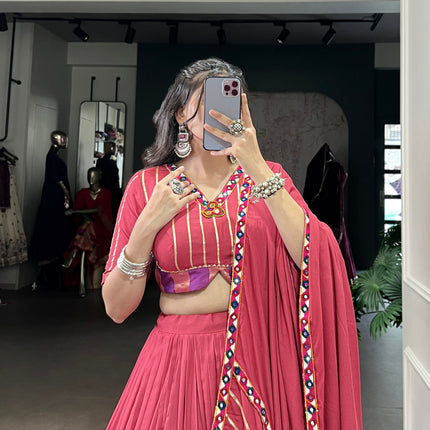 Lorenvalley Fashion Darkpink Pure Rayon Original Mirror Gamthi Work With Gotta Patti Lace Touch Up Lehenga Choli with Dupatta