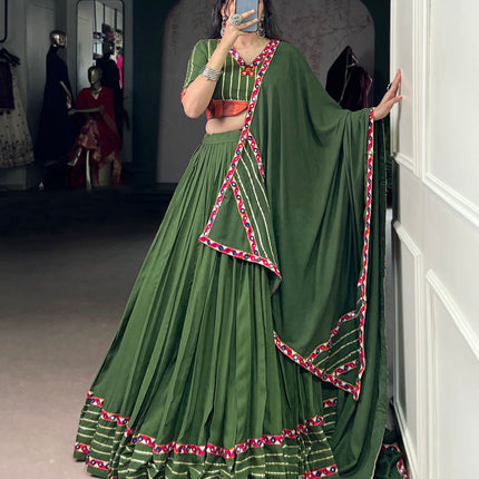 Lorenvalley Fashion Mahendi Pure Rayon Original Mirror Gamthi Work With Gotta Patti Lace Touch Up Lehenga Choli with Dupatta