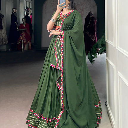 Lorenvalley Fashion Mahendi Pure Rayon Original Mirror Gamthi Work With Gotta Patti Lace Touch Up Lehenga Choli with Dupatta