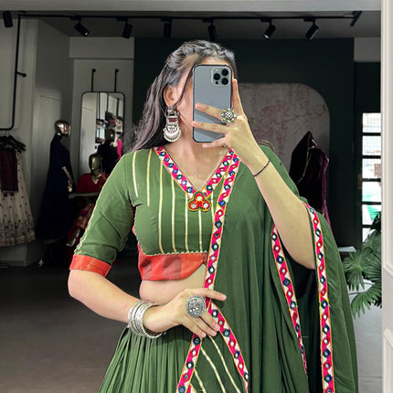 Lorenvalley Fashion Mahendi Pure Rayon Original Mirror Gamthi Work With Gotta Patti Lace Touch Up Lehenga Choli with Dupatta