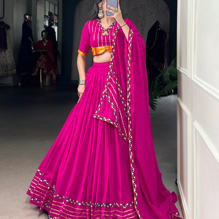 Lorenvalley Fashion Pink Pure Rayon Original Mirror Gamthi Work With Gotta Patti Lace Touch Up Lehenga Choli with Dupatta