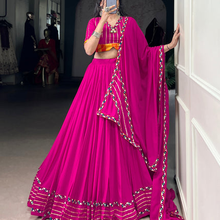 Lorenvalley Fashion Pink Pure Rayon Original Mirror Gamthi Work With Gotta Patti Lace Touch Up Lehenga Choli with Dupatta