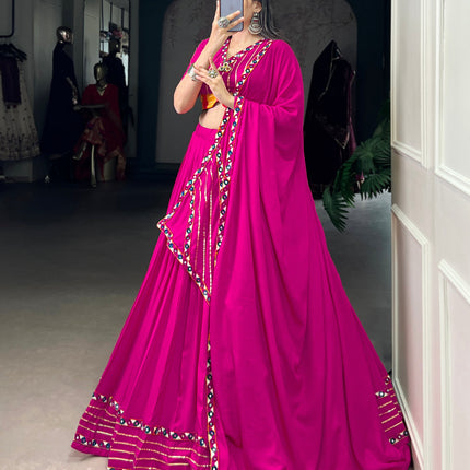 Lorenvalley Fashion Pink Pure Rayon Original Mirror Gamthi Work With Gotta Patti Lace Touch Up Lehenga Choli with Dupatta